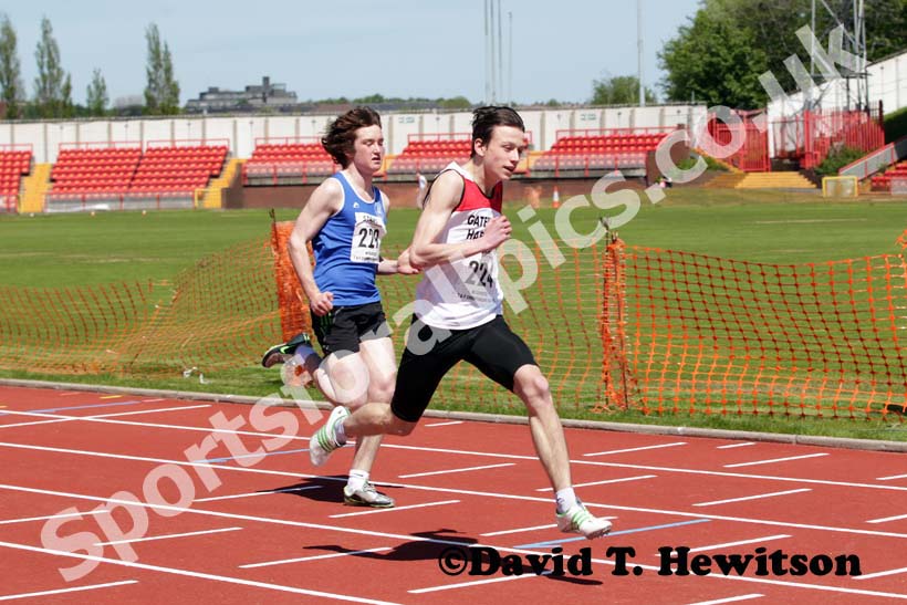 Dominic Weller (Gateshead) wins the under-15s 100 metres.